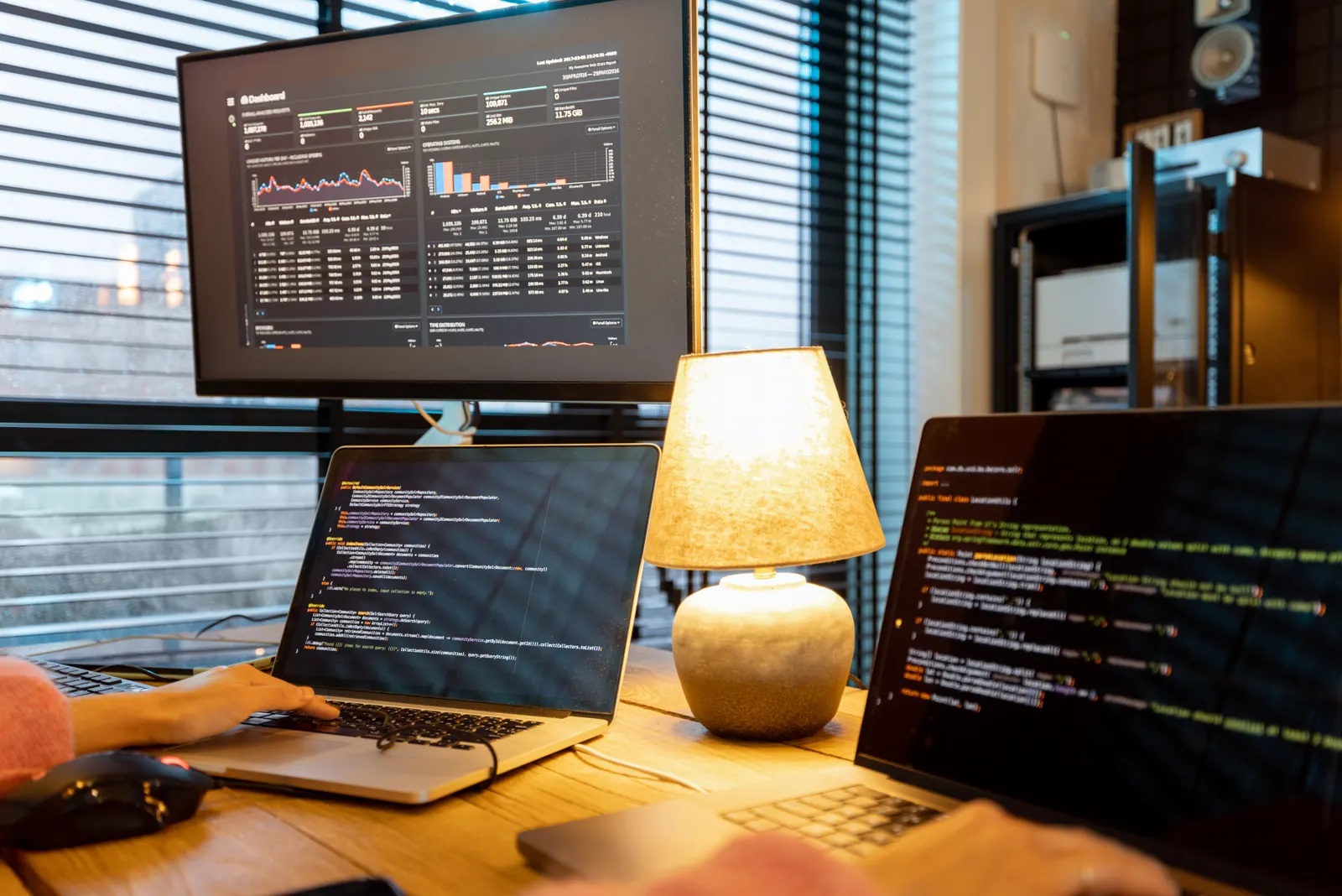 A desk with code on two screens and a dashboard of statistics