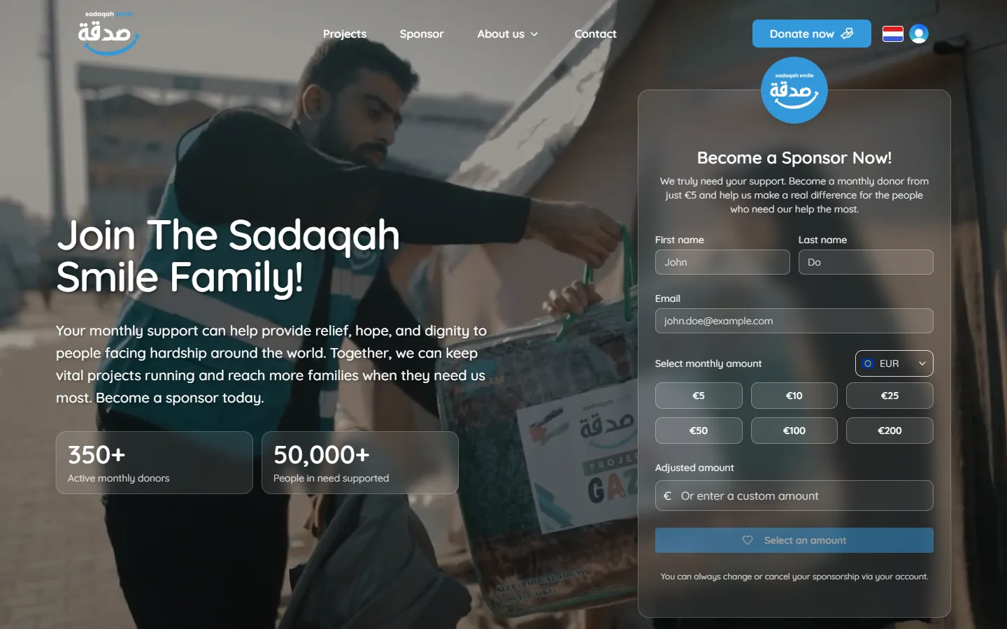 Homepage of Sadaqah Smile, a website we designed, built and host